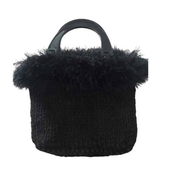One of a Kind Black‎ Knit Fur Trim Purse Top Handle Novelty Bag Unique Handbag - Picture 1 of 4